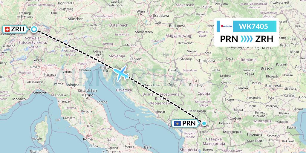 WK7405 Edelweiss Air Flight Map: Pristina to Zurich