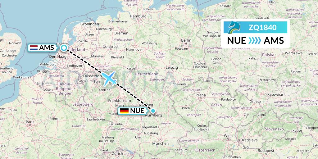 ZQ1840 Azman Air Flight Map: Nurnberg to Amsterdam
