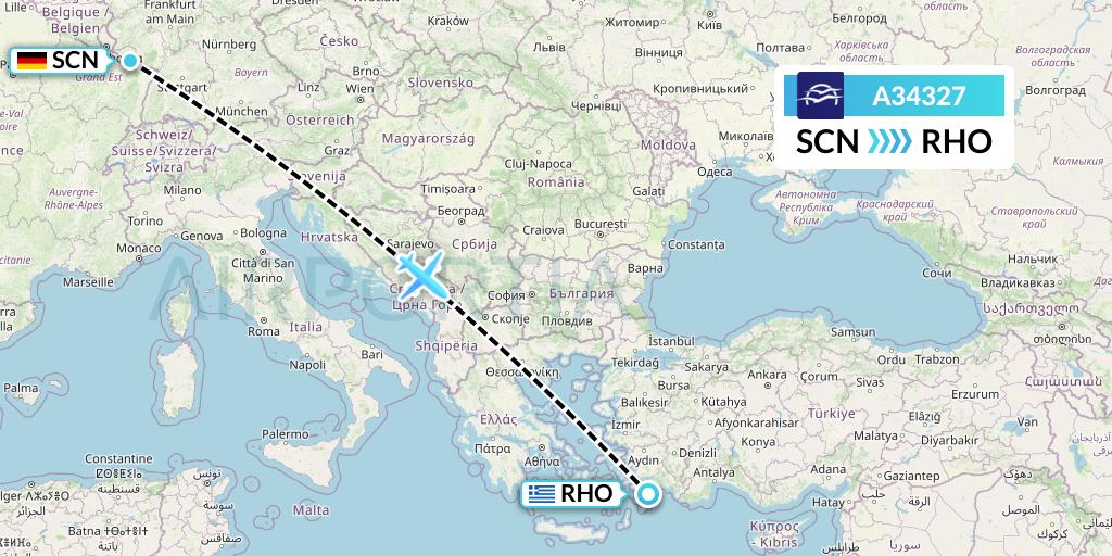 A34327 Aegean Airlines Flight Map: Saarbrucken to Rhodes