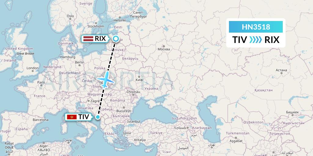 HN3518 Uab Heston Airlines Jsc Heston Airl Flight Map: Tivat to Riga