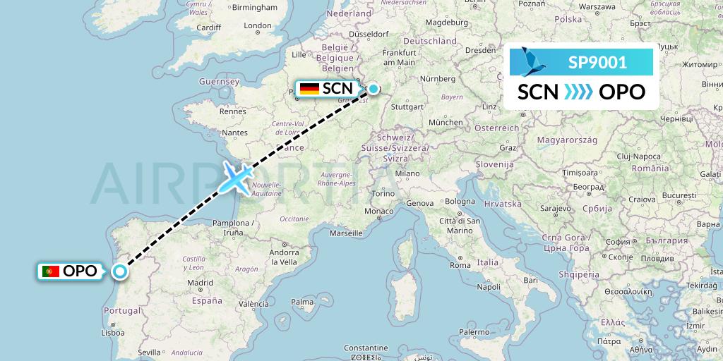 SP9001 SATA Air Acores Flight Map: Saarbrucken to Porto