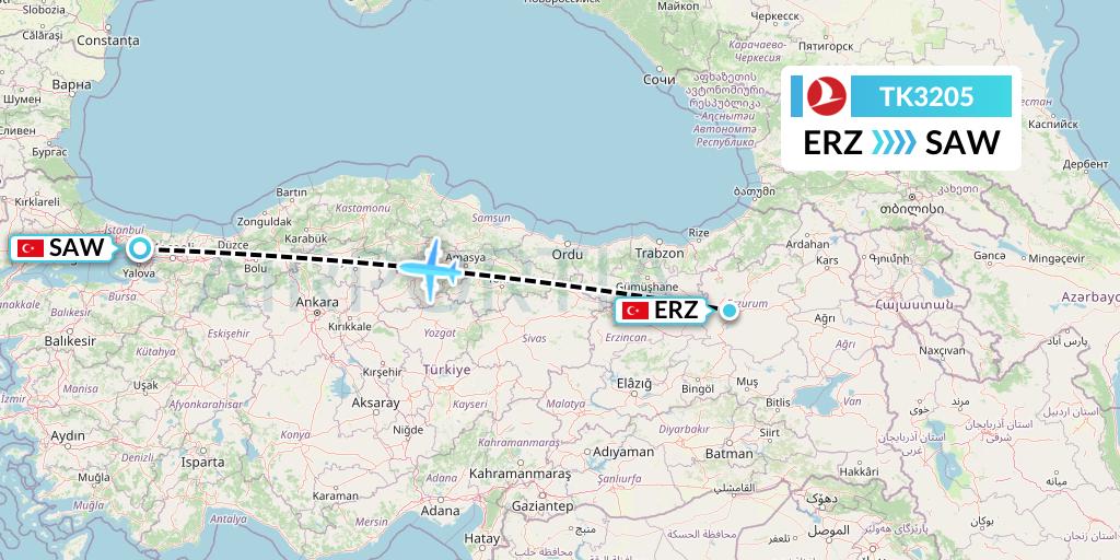 TK3205 Turkish Airlines Flight Map: Erzurum to Istanbul