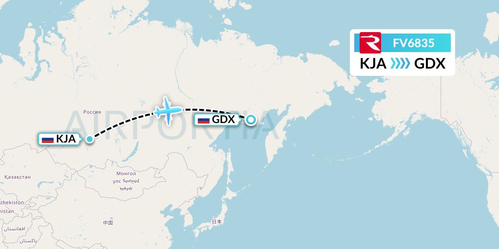 FV6835 Rossiya Flight Map: Krasnoyarsk to Magadan