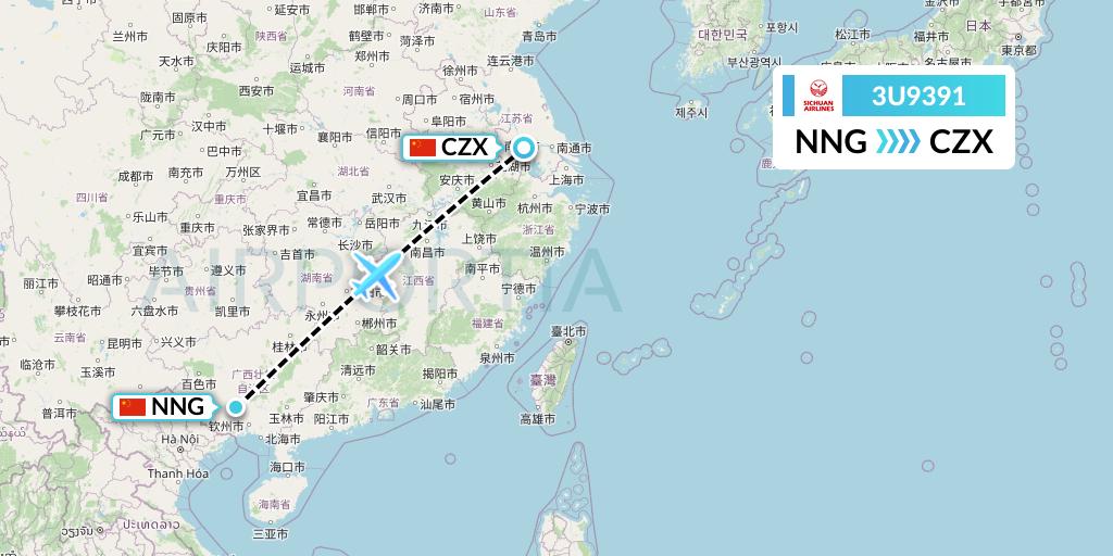3U9391 Sichuan Airlines Flight Map: Nanning to Changzhou