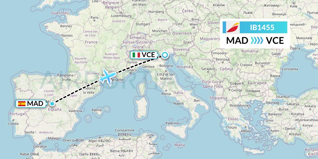 IB1455 Iberia Flight Map: Madrid to Venice