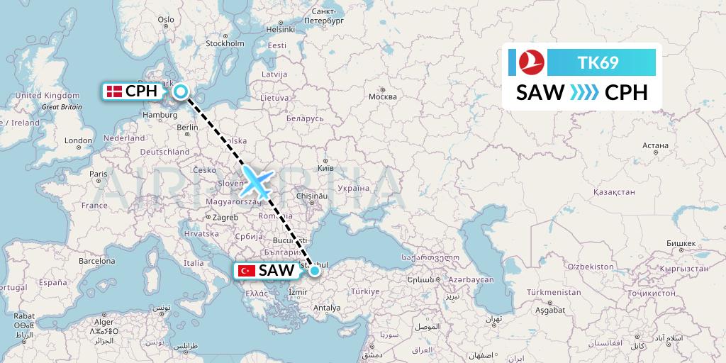 TK69 Turkish Airlines Flight Map: Istanbul to Copenhagen
