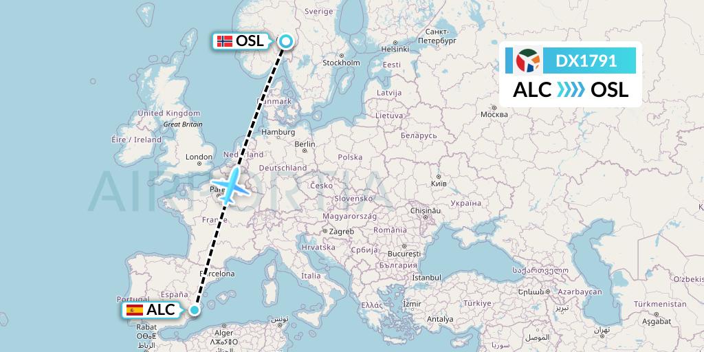 DX1791 Danish Air Transport Flight Map: Alicante to Oslo