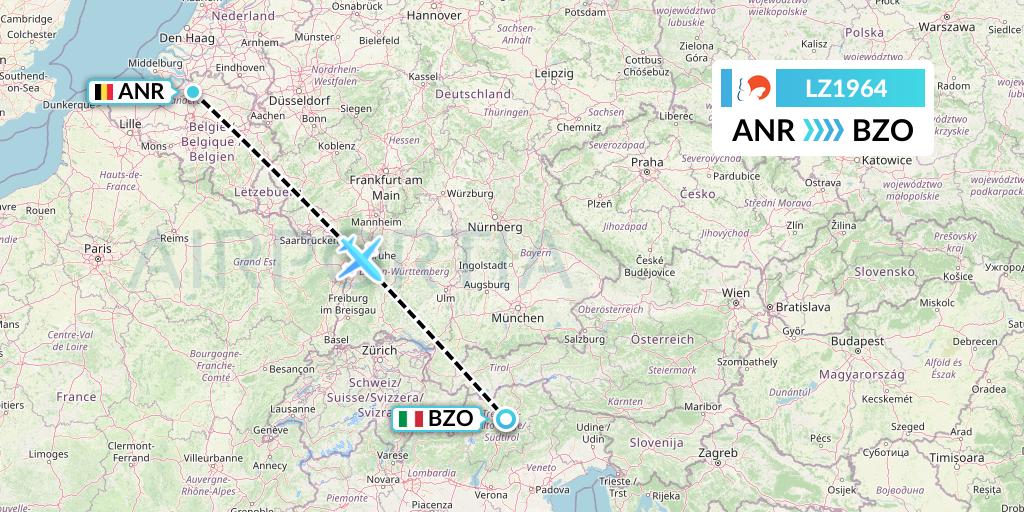 LZ1964 Air Link Flight Map: Antwerp to Bolzano