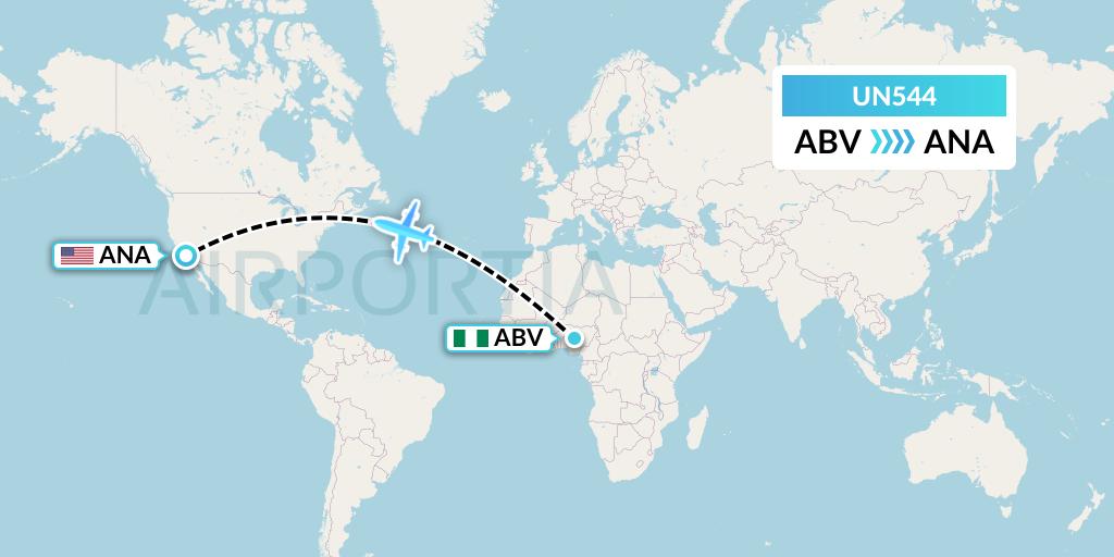 UN544 United Nigeria Airlines Flight Map: Abuja to Anaheim