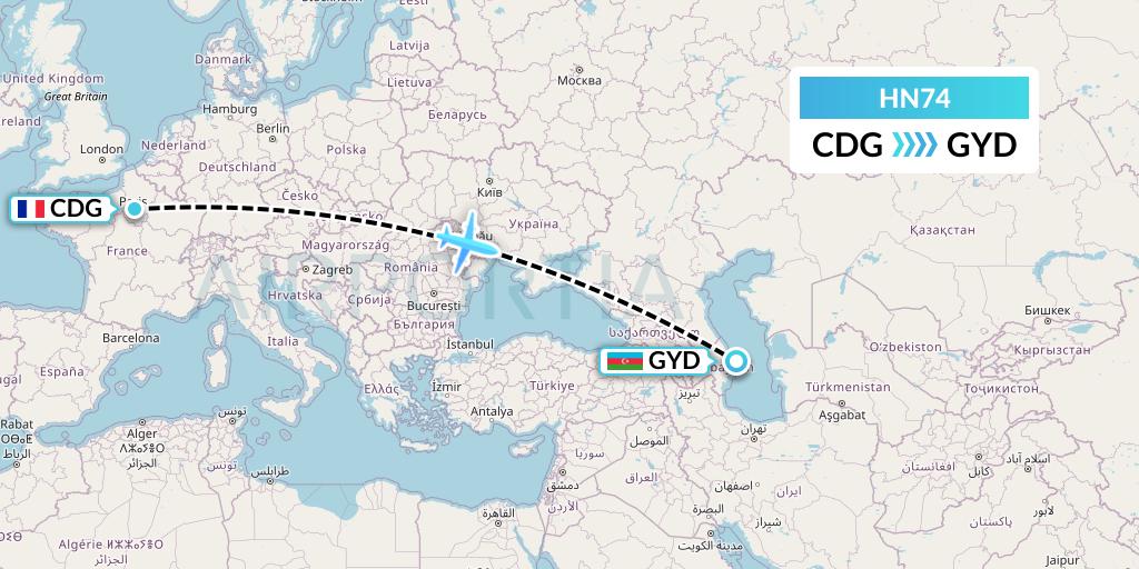 HN74 Uab Heston Airlines Jsc Heston Airl Flight Map: Paris to Baku