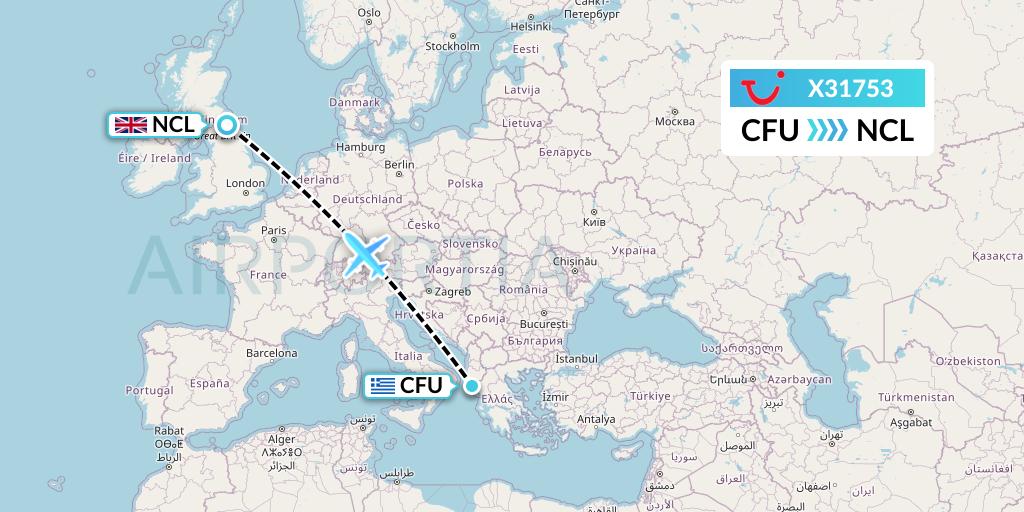 X31753 TUI fly Germany Flight Map: Corfu to Newcastle