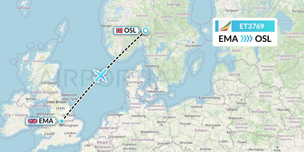 ET3769 Ethiopian Airlines Flight Map: East Midlands to Oslo