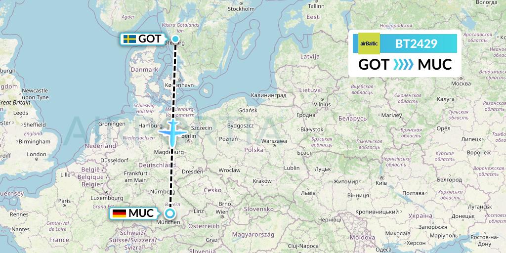 BT2429 Air Baltic Flight Map: Gothenburg to Munich