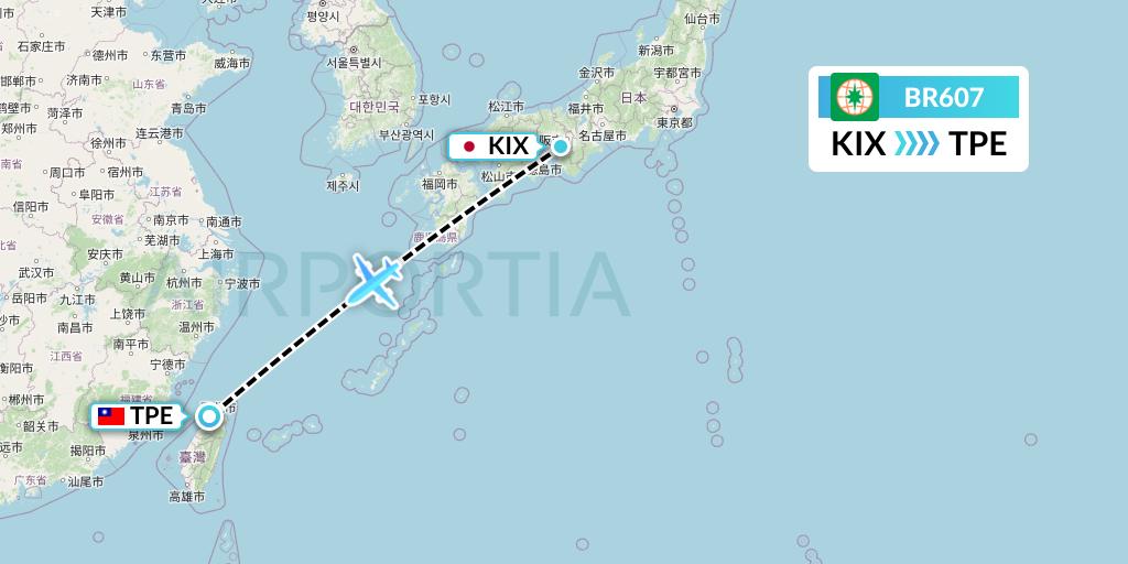 BR607 EVA Air Flight Map: Osaka to Taipei