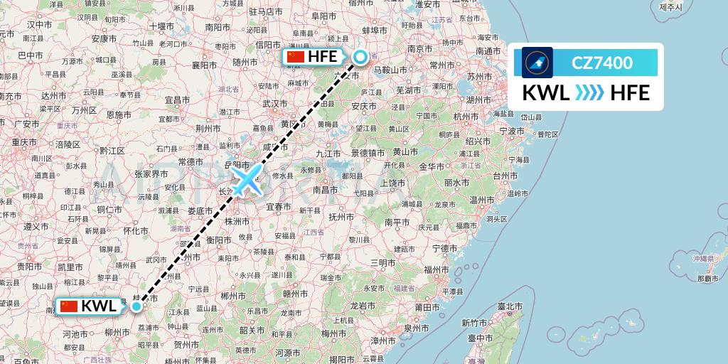 CZ7400 China Southern Airlines Flight Map: Guilin to Hefei