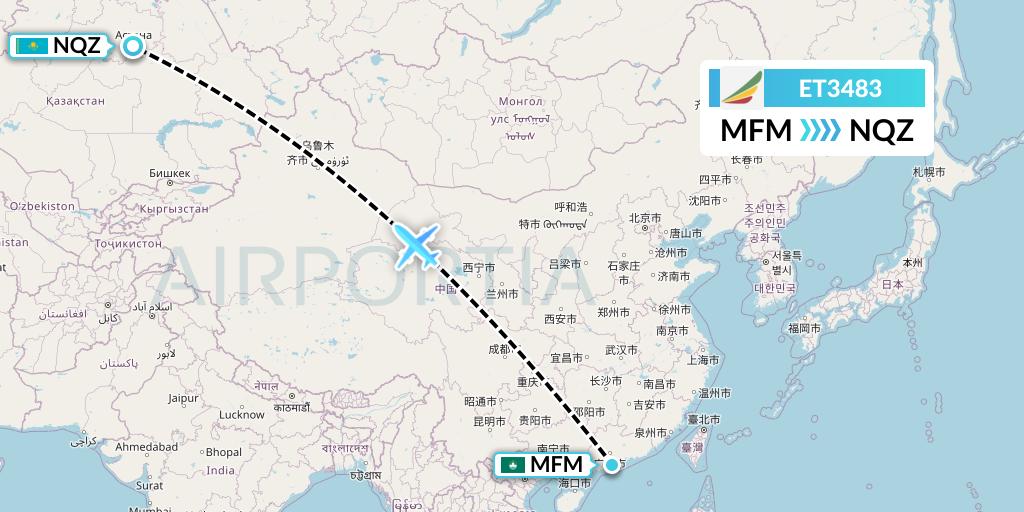 ET3483 Ethiopian Airlines Flight Map: Macau to Astana