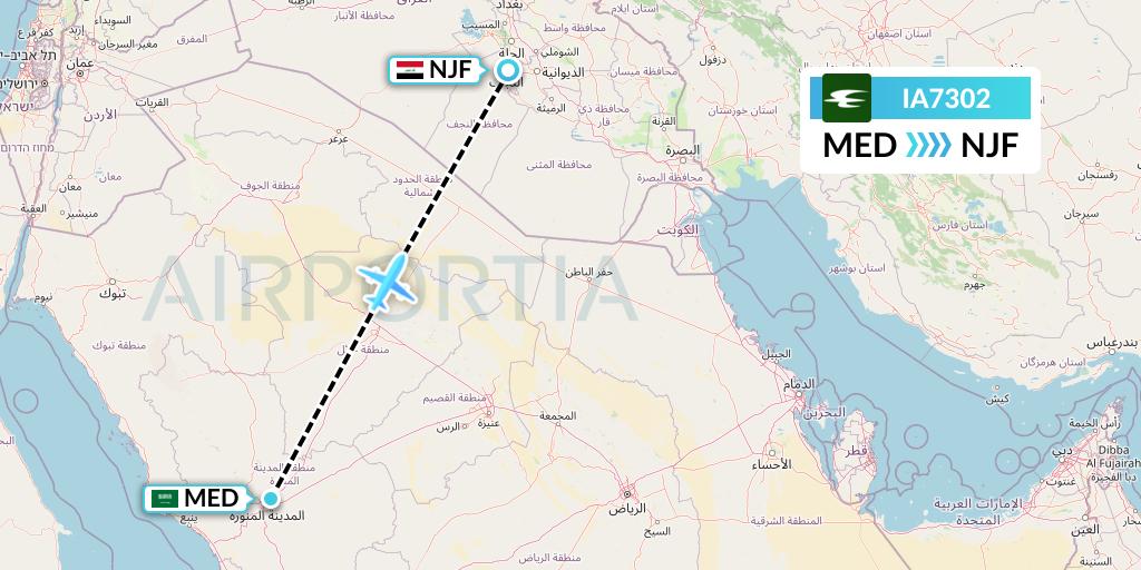 IA7302 Iraqi Airways Flight Map: Medina to Najaf