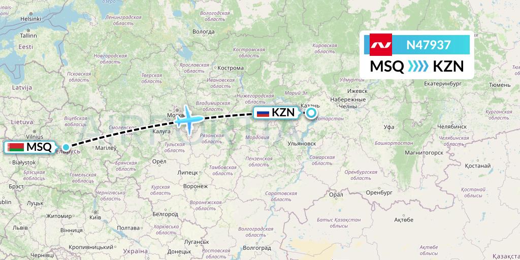 N47937 Nordwind Airlines Flight Map: Minsk to Kazan
