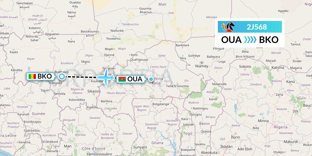 2J568 Air Burkina Flight Map: Ouagadougou to Bamako
