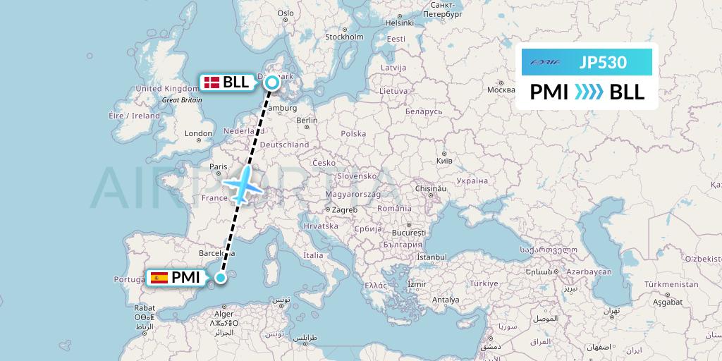 JP530 Adria Airways Flight Map: Palma de Mallorca to Billund