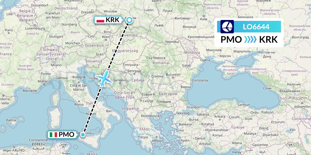 LO6644 LOT Flight Map: Palermo to Krakow