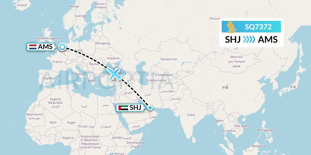 SQ7372 Singapore Airlines Flight Map: Sharjah to Amsterdam