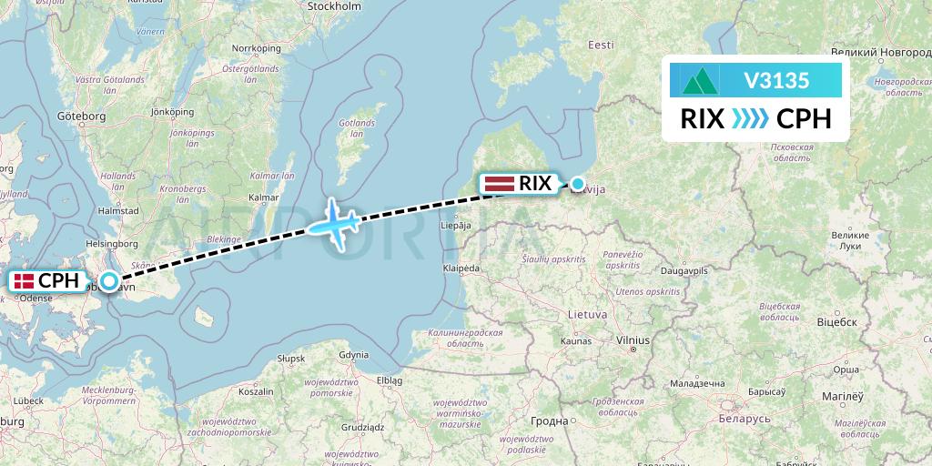 V3135 Carpatair Flight Map: Riga to Copenhagen