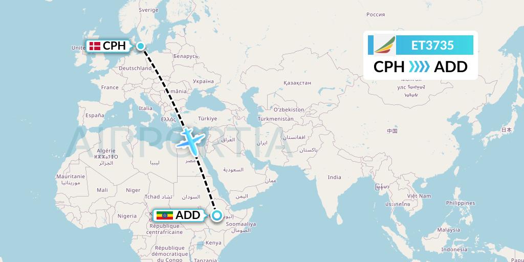 ET3735 Ethiopian Airlines Flight Map: Copenhagen to Addis Ababa