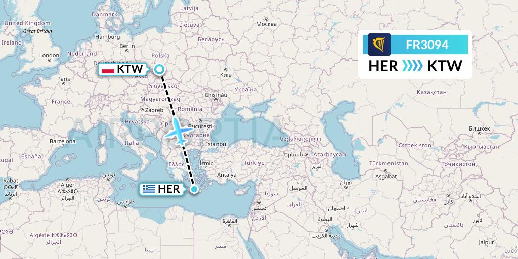FR3094 Ryanair Flight Map: Heraklion to Katowice