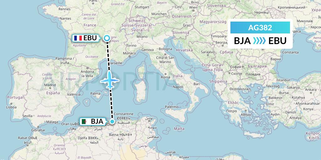 AG382 Aruba Airlines Flight Map: Bejaia to Saint Etienne