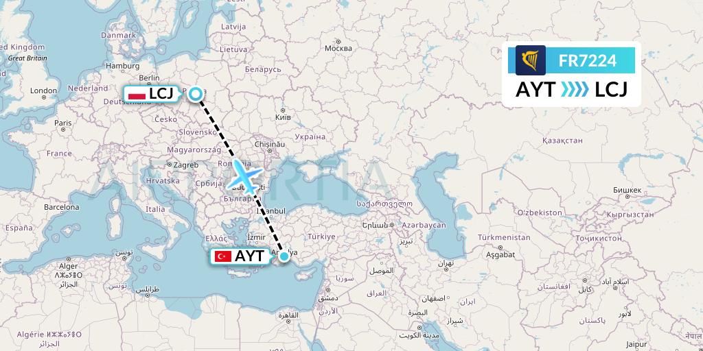 FR7224 Ryanair Flight Map: Antalya to Lodz