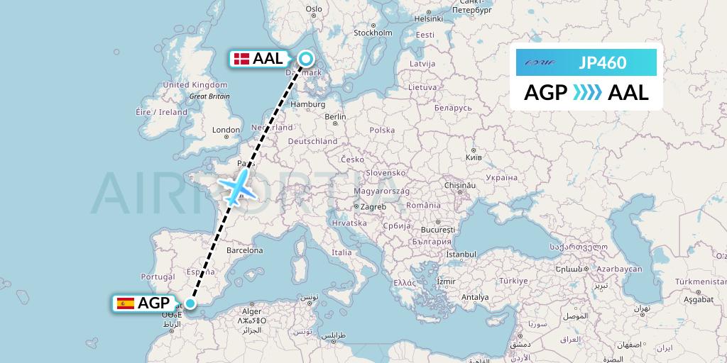 JP460 Adria Airways Flight Map: Malaga to Aalborg