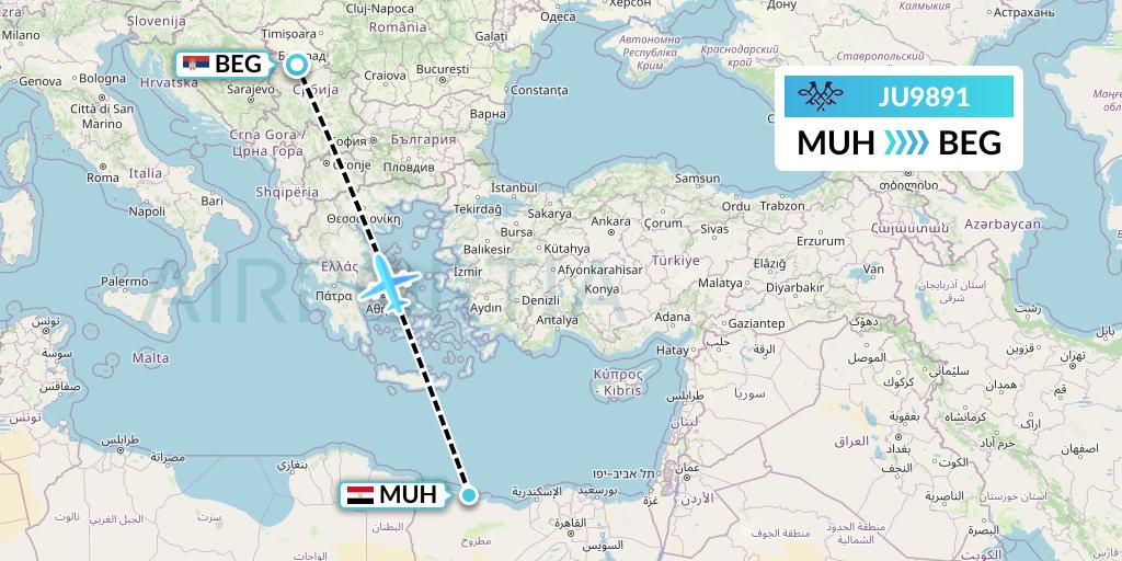 JU9891 AirSERBIA Flight Map: Mersa Matruh to Belgrade