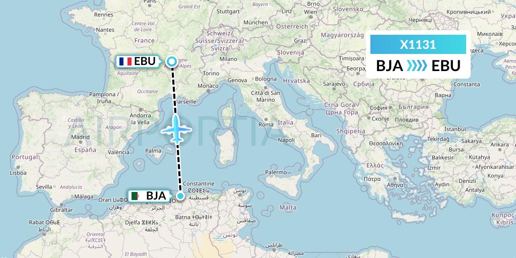 X1131 Nik Airways Flight Map: Bejaia to Saint Etienne