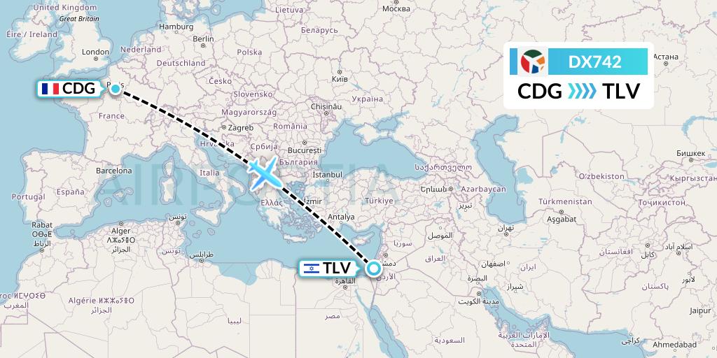 DX742 Danish Air Transport Flight Map: Paris to Tel Aviv