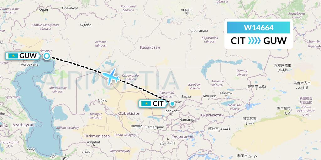 W14664 World Ticket Ltd Flight Map: Shymkent to Atyrau