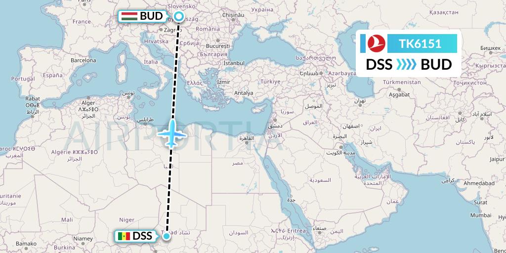 TK6151 Turkish Airlines Flight Map: Dakar to Budapest