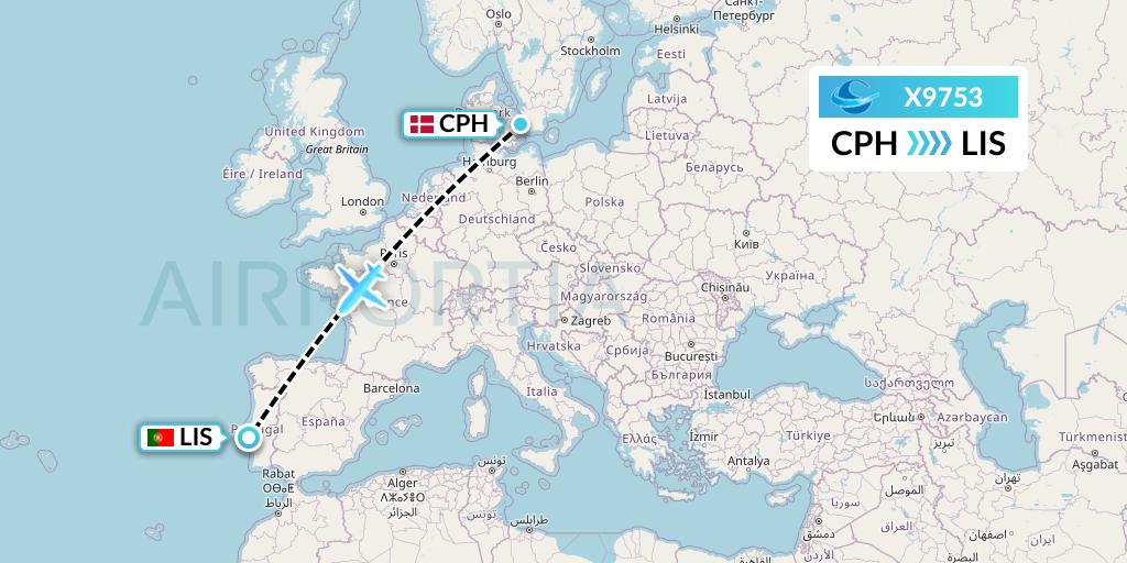 X9753 Avion Express Flight Map: Copenhagen to Lisbon