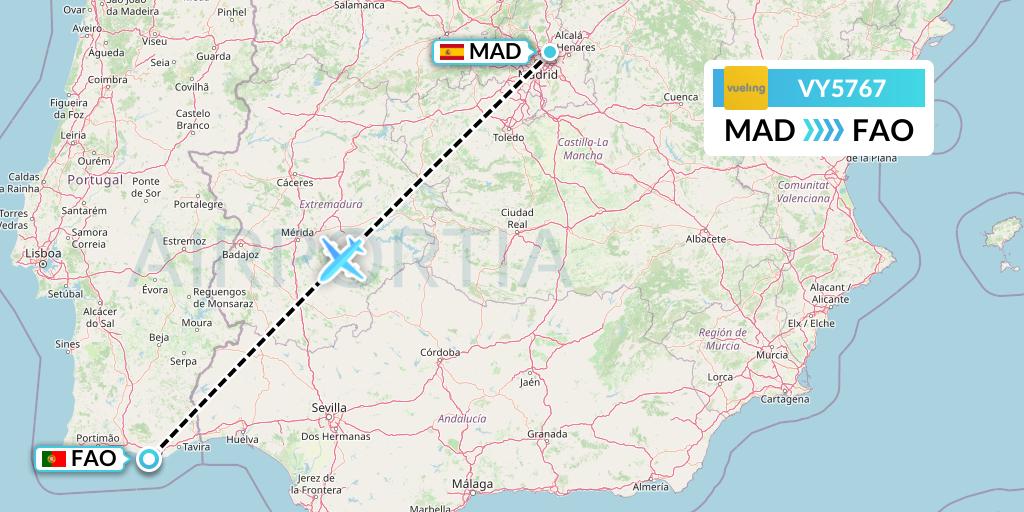 VY5767 Vueling Flight Map: Madrid to Faro