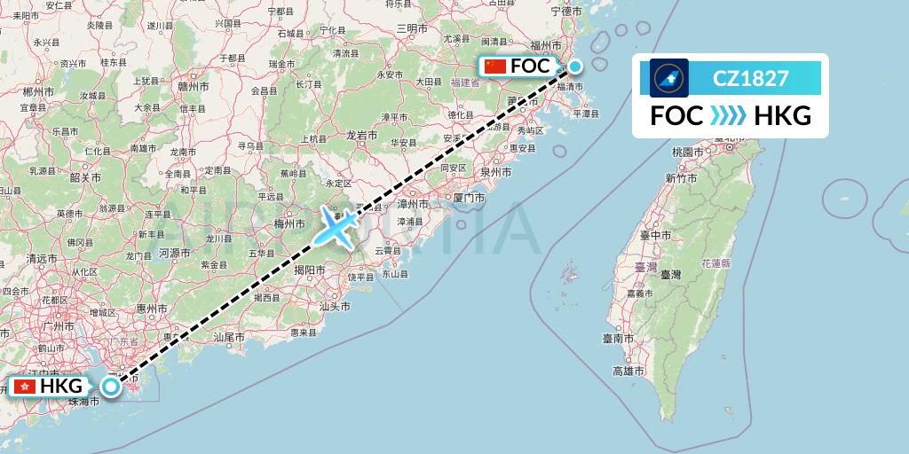 CZ1827 China Southern Airlines Flight Map: Fuzhou to Hong Kong