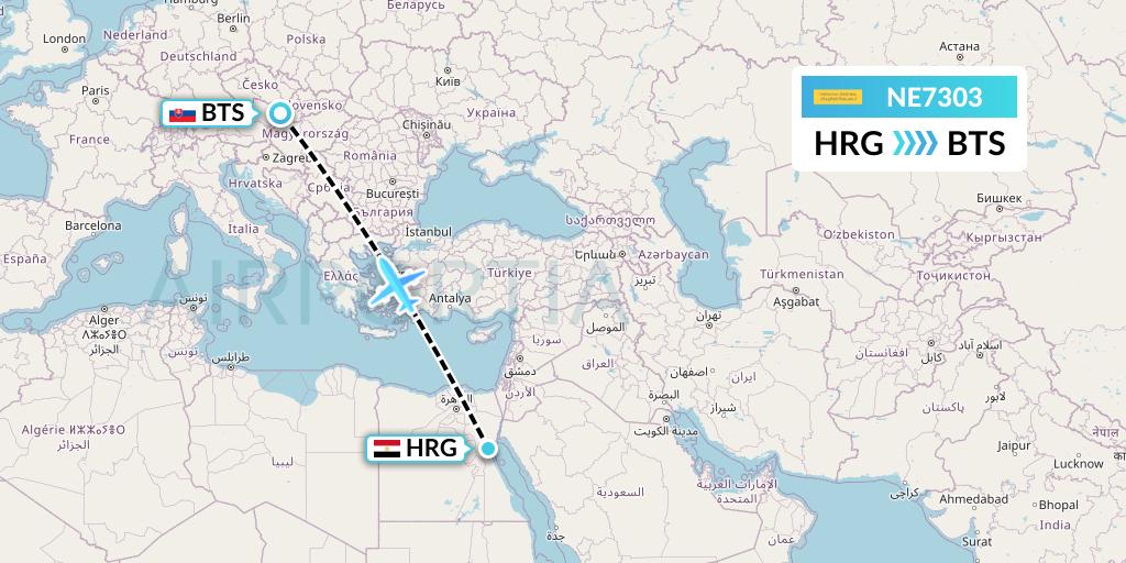 NE7303 Nesma Airlines Flight Map: Hurghada to Bratislava