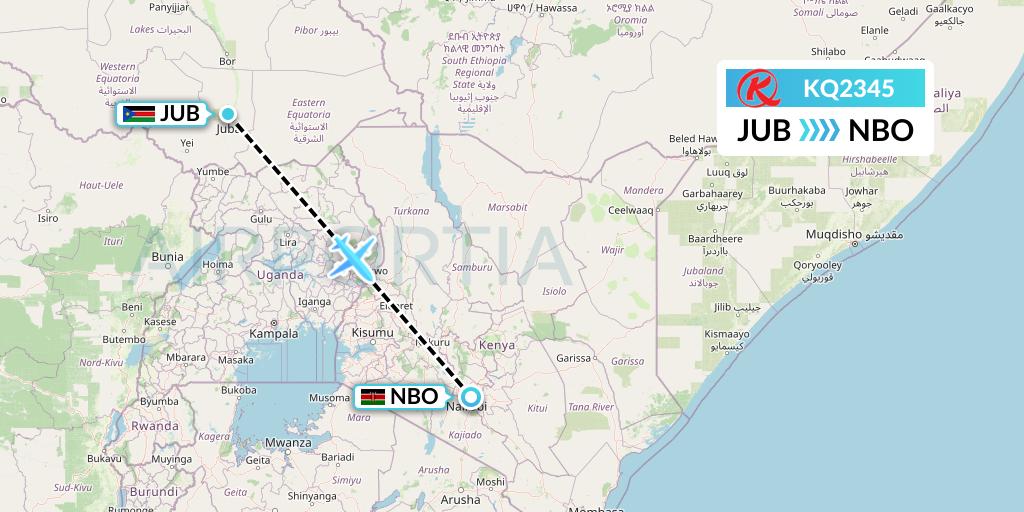 KQ2345 Kenya Airways Flight Map: Juba to Nairobi