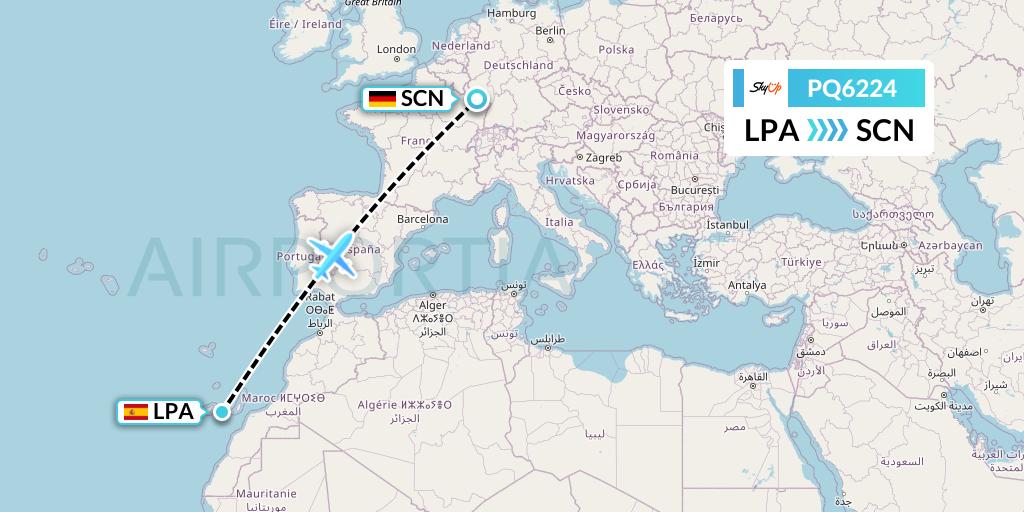 PQ6224 SkyUp Airlines Flight Map: Las Palmas to Saarbrucken