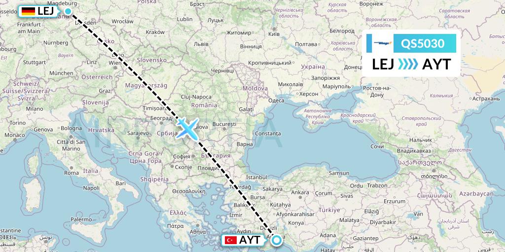 QS5030 Smartwings Flight Map: Leipzig to Antalya