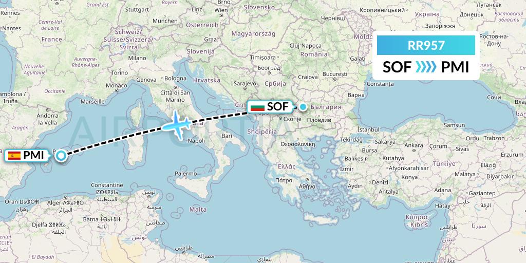 RR957 Royal Air Force Flight Map: Sofia to Palma de Mallorca