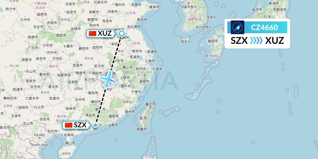 CZ4660 China Southern Airlines Flight Map: Shenzhen to Xuzhou
