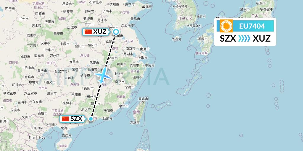 EU7404 Chengdu Airlines Flight Map: Shenzhen to Xuzhou