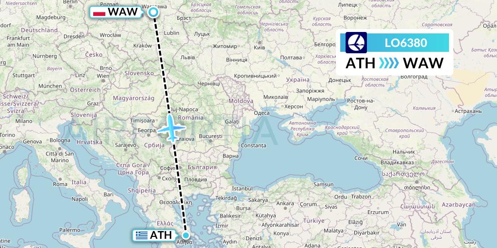 LO6380 LOT Flight Map: Athens to Warsaw