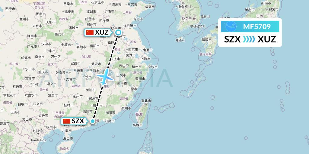 MF5709 Xiamen Airlines Flight Map: Shenzhen to Xuzhou