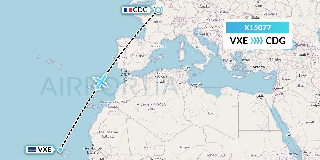 X15077 Nik Airways Flight Map: Sao Vicente to Paris